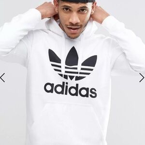 NWT Adidas Trefoil Logo Graphic Pouch Pocket Pullover Hoodie White Mens’ S/XS